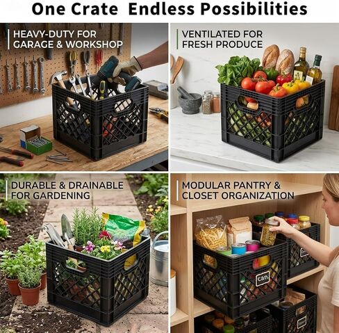 Milk Crate, 16QT Plastic Storage Crate, Stackable Utility Basket for Home, Garage, Car Trunk and Camping, Heavy Duty Organizing Bin, Black in Kuwait
