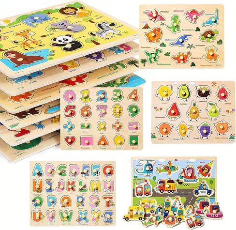 Wooden Peg Puzzles for Toddlers 1-3 – 6 Pack Toddler Puzzles, Preschool Educational Learning Puzzle Toys for Kids, Alphabet, Number, Shapes, Christmas Birthday Gifts for Boys, Girls in Kuwait