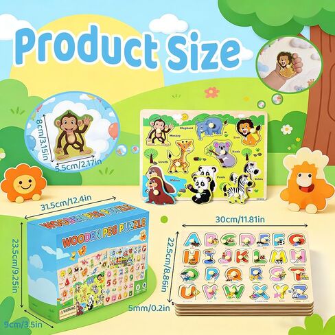 Wooden Peg Puzzles for Toddlers 1-3 – 6 Pack Toddler Puzzles, Preschool Educational Learning Puzzle Toys for Kids, Alphabet, Number, Shapes, Christmas Birthday Gifts for Boys, Girls in Kuwait