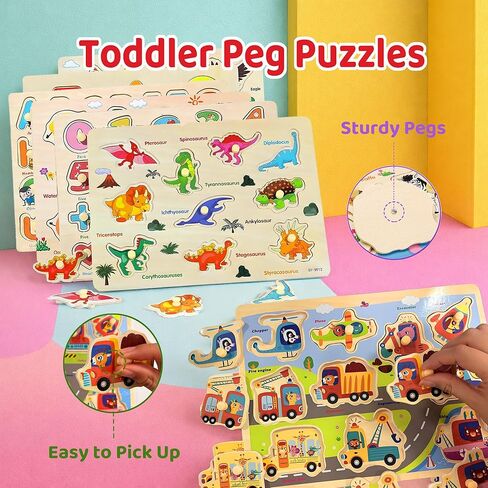 Wooden Peg Puzzles for Toddlers 1-3 – 6 Pack Toddler Puzzles, Preschool Educational Learning Puzzle Toys for Kids, Alphabet, Number, Shapes, Christmas Birthday Gifts for Boys, Girls in Kuwait