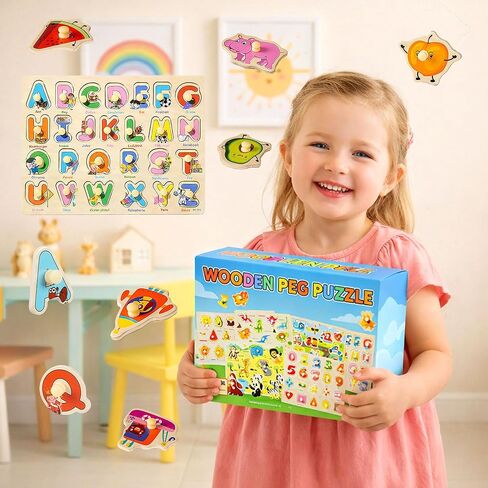 Wooden Peg Puzzles for Toddlers 1-3 – 6 Pack Toddler Puzzles, Preschool Educational Learning Puzzle Toys for Kids, Alphabet, Number, Shapes, Christmas Birthday Gifts for Boys, Girls in Kuwait