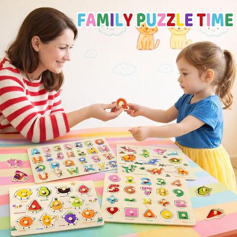 Wooden Peg Puzzles for Toddlers 1-3 – 6 Pack Toddler Puzzles, Preschool Educational Learning Puzzle Toys for Kids, Alphabet, Number, Shapes, Christmas Birthday Gifts for Boys, Girls in Kuwait