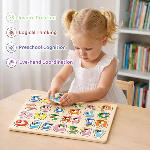 Wooden Peg Puzzles for Toddlers 1-3 – 6 Pack Toddler Puzzles, Preschool Educational Learning Puzzle Toys for Kids, Alphabet, Number, Shapes, Christmas Birthday Gifts for Boys, Girls in Kuwait