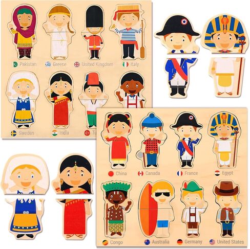 2 Set Wooden World Countries Puzzles for Toddlers 16 Mix and Match Racial Cognition Characters Diversity Educational Toys Multicultural Dress-Up Peg Puzzle Learning Toy for Boys and Girls in Kuwait