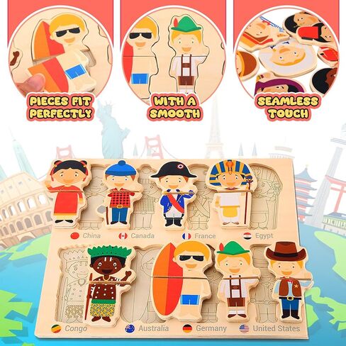2 Set Wooden World Countries Puzzles for Toddlers 16 Mix and Match Racial Cognition Characters Diversity Educational Toys Multicultural Dress-Up Peg Puzzle Learning Toy for Boys and Girls in Kuwait