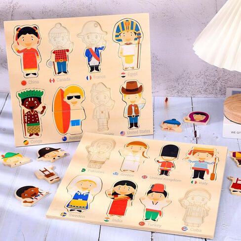 2 Set Wooden World Countries Puzzles for Toddlers 16 Mix and Match Racial Cognition Characters Diversity Educational Toys Multicultural Dress-Up Peg Puzzle Learning Toy for Boys and Girls in Kuwait