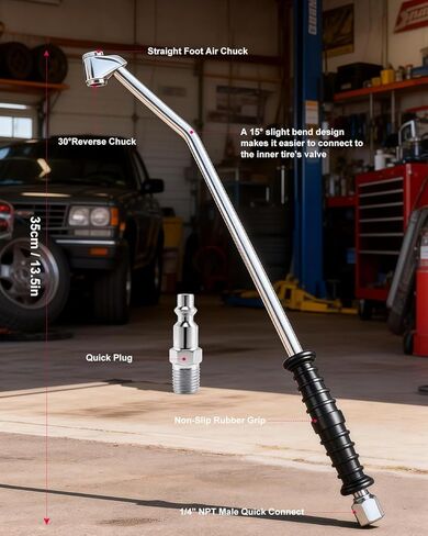 GODESON 13.5-Inch Dual Head Air Chuck with 15° Angle, 1/4" NPT Air Chucks for Tires with Quick Plug,air Compressor attachments for Truck RV Semi Dually Tires, Anti-Slip Grip, All Metal, Open Flow in Kuwait