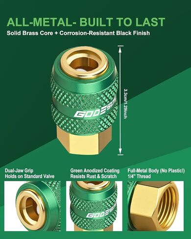 GODESON قفل ظرف الهواء، تدفق مفتوح 1/4 بوصة FNPT فوهة نفخ الإطارات لضواغط الهواء، ظرف هواء الإطارات توصيل سريع للسيارات وسيارات الدفع الرباعي، جميع المعادن، قفل بدون استخدام اليدين، أخضر (عبوة من قطعتين) in Kuwait