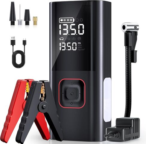 Jump Starter with Air Compressor, 5000A Battery Jumper Starter Portable (9L Gas/8L Diesel) with 160PSI Auto-Shutoff Tire Inflator, 12V Jump Box Car Battery Jump Starter with Jumper Cables, LED Light in Kuwait