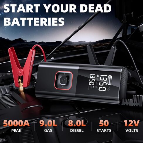 Jump Starter with Air Compressor, 5000A Battery Jumper Starter Portable (9L Gas/8L Diesel) with 160PSI Auto-Shutoff Tire Inflator, 12V Jump Box Car Battery Jump Starter with Jumper Cables, LED Light in Kuwait