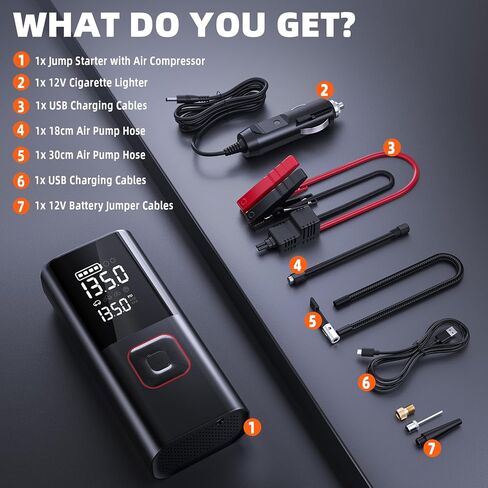 Jump Starter with Air Compressor, 5000A Battery Jumper Starter Portable (9L Gas/8L Diesel) with 160PSI Auto-Shutoff Tire Inflator, 12V Jump Box Car Battery Jump Starter with Jumper Cables, LED Light in Kuwait