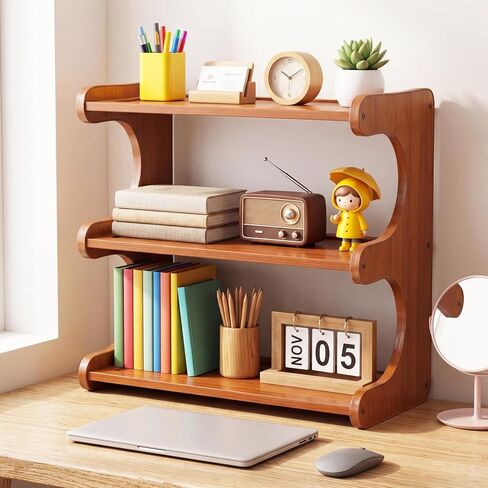 Chumia 3 Tier Bamboo Desk Shelf Bookshelf for Desktop Organization, Table Shelf Organizer Storage Rack for Home Kitchen Cabinet Living Room Office, Mug Cup Display Holder Countertop Supplies in Kuwait