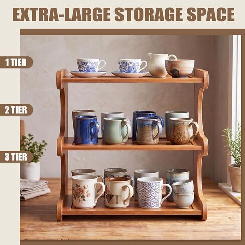 Chumia 3 Tier Bamboo Desk Shelf Bookshelf for Desktop Organization, Table Shelf Organizer Storage Rack for Home Kitchen Cabinet Living Room Office, Mug Cup Display Holder Countertop Supplies in Kuwait