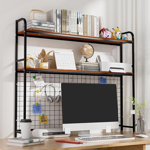 Desk Shelf, 2-Tier Desktop Hutch Bookshelf with Pegboard Hooks Set, Metal Table Top Bookcase for Computer, Freestanding Countertop Storage Organizer Rack for Dorm, Office & Home, Black, 45.3" W in Kuwait