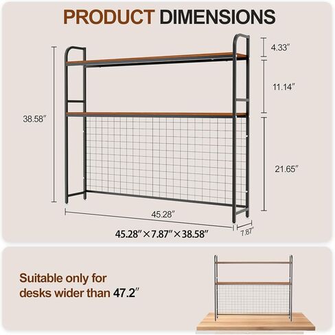 Desk Shelf, 2-Tier Desktop Hutch Bookshelf with Pegboard Hooks Set, Metal Table Top Bookcase for Computer, Freestanding Countertop Storage Organizer Rack for Dorm, Office & Home, Black, 45.3" W in Kuwait