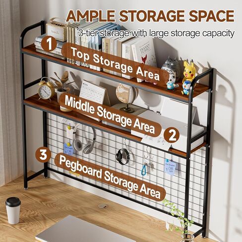 Desk Shelf, 2-Tier Desktop Hutch Bookshelf with Pegboard Hooks Set, Metal Table Top Bookcase for Computer, Freestanding Countertop Storage Organizer Rack for Dorm, Office & Home, Black, 45.3" W in Kuwait