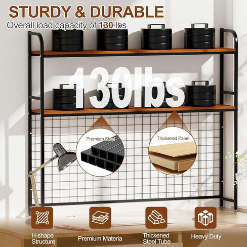Desk Shelf, 2-Tier Desktop Hutch Bookshelf with Pegboard Hooks Set, Metal Table Top Bookcase for Computer, Freestanding Countertop Storage Organizer Rack for Dorm, Office & Home, Black, 45.3" W in Kuwait