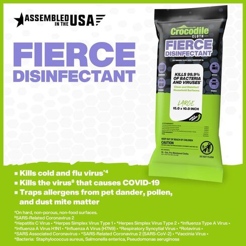 Crocodile Cloth Fierce Disinfectant Wipes - 480 Count (48 Packs of 10 Count) 15" x 10" Multi-Surface Disinfecting Cleaning Cloths For Kitchens, Bathrooms, Offices & Schools in Kuwait