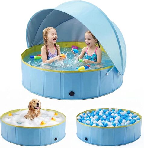 Kiddie Pool with Canopy, Large Foldable Pool with Detachable UPF 50+ Sunshade, 48in Pool Beach Essentials Tent Swimming Pool Dog Pool with Shade, Portable for Outdoor Backyard Beach in Kuwait