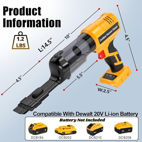 Cordless Handheld Vacuum Cleaner for Dewalt 20V Battery: 3-Speed Modes Portable Vacuum with 20kPa 105AW Powerful Suction for Car, Pet Hair, Home Cleaning (Tool Only) in Kuwait