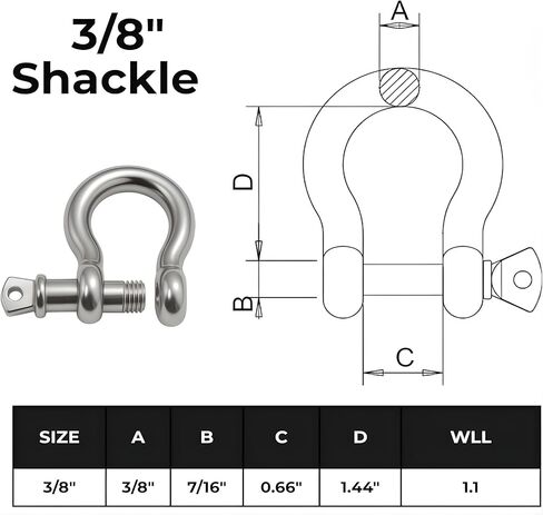 MarineNow US Type 316 Stainless Steel Bow Shackle with Over Size Screw Pin for Anchor, Towing, Off Road Recovery (0.375" 3/8 with 7/16" Pin 1.1T WLL, 10-Pack) in Kuwait