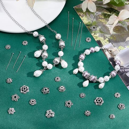 PH PandaHall 384 قطعة دبابيس رأس لصنع المجوهرات 192 قطعة 30 مم 50 مم دبابيس رأس كروية مع 192 قطعة 12 نمطًا من قبعات خرز الزهور فاصل الخرز النحاسي لقلادة سوار القرط الحرفية، فضي عتيق in Kuwait