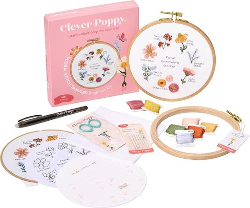 طقم تطريز للمبتدئين من Clever Poppy Floral Stitch Sampler - طقم تطريز سهل للمبتدئين مع الطوق والخيط والأنماط - طقم تطريز يدوي للبالغين والمراهقين - طقم تطريز كامل للمبتدئين in Kuwait