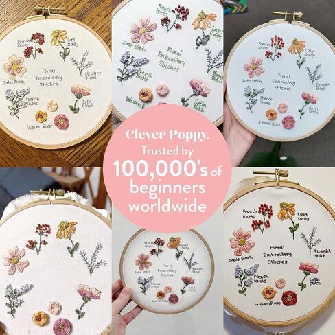 طقم تطريز للمبتدئين من Clever Poppy Floral Stitch Sampler - طقم تطريز سهل للمبتدئين مع الطوق والخيط والأنماط - طقم تطريز يدوي للبالغين والمراهقين - طقم تطريز كامل للمبتدئين in Kuwait