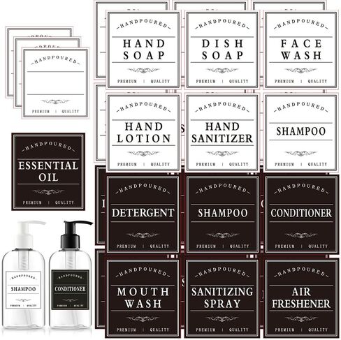Black and White Soap Dispenser Sticker, Reusable Label for Glass and Plastic Conditioner Bottles, Mouthwash Dispenser Label (25 PCS/B&W) in Kuwait