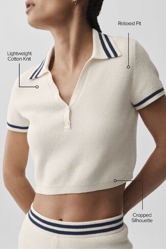 Alo Yoga Tennis Club Sweater Knit Cropped Polo - Ivory/Navy in Kuwait