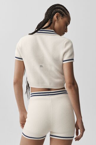 Alo Yoga Tennis Club Sweater Knit Cropped Polo - Ivory/Navy in Kuwait