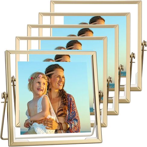 5 Pack Floating Picture Frames 8 x 10 inch Metal Photo Frames with Glass Cover and Stand Antique Vertical Geometric Floating Frame for Pictures Photos Desk Tabletop Display Decor (Gold) in Saudi Arabia