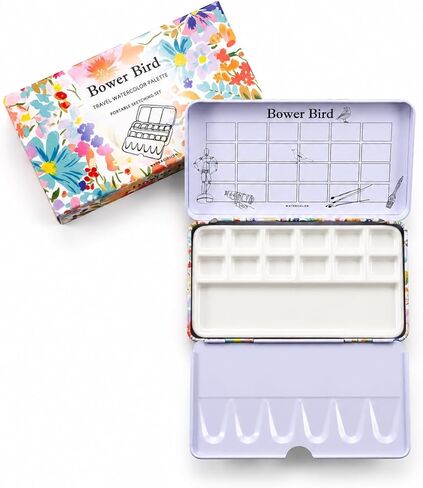 Bower Bird Travel Watercolor Palette,Portable Ceramic Palette,Empty Paint Palette,Small Travel Metal Paint Boxwith Porcelain Palette (16Well) in Kuwait
