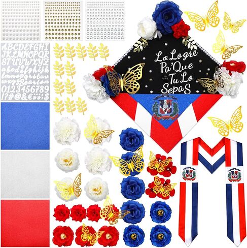 62 Pcs DIY Dominican Graduation Cap Decorations Kit Dominican Graduation Stole Sash Flower Heads 3D Butterfly Glitter Rhinestones Pearl Stickers Alphabet Letter Number for 2026 Grad Party in Kuwait
