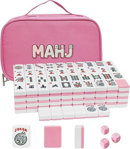American Mahjong Tiles Set, 166 Pink Mahjong Tiles 1.2 Inch with Carrying Bag and 3 Dice, Portable American Mahjong Game for Travel, Family Game Night in Kuwait