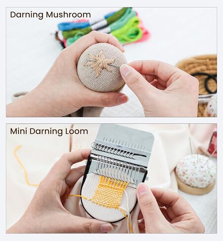 OrbitShell Mini Darning Loom, Mushroom Knit Patch Kit, Weft Comb, 50 Colors Thread & 12 Needles, Speedweve Patchmaker Weaving Loom for Mending Jeans Socks Clothes Repair DIY, Gifts for Craft Beginners in Kuwait
