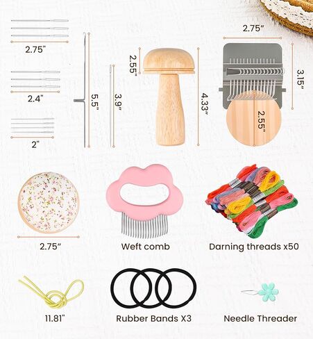 OrbitShell Mini Darning Loom, Mushroom Knit Patch Kit, Weft Comb, 50 Colors Thread & 12 Needles, Speedweve Patchmaker Weaving Loom for Mending Jeans Socks Clothes Repair DIY, Gifts for Craft Beginners in Kuwait