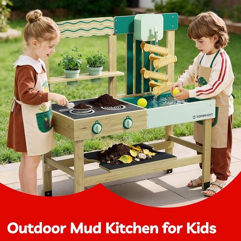 TOP BRIGHT 4 In 1 Mud Kitchen for Kids, Wooden Outdoor Playhouse for Water & Sand Play, Cooking & Gardening Playset with Accessories, Sensory Table Set, Backyard Pretend Play Toy for Boys Girls Ages 3 in Kuwait