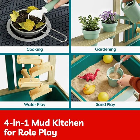 TOP BRIGHT 4 In 1 Mud Kitchen for Kids, Wooden Outdoor Playhouse for Water & Sand Play, Cooking & Gardening Playset with Accessories, Sensory Table Set, Backyard Pretend Play Toy for Boys Girls Ages 3 in Kuwait