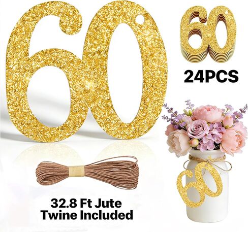 ALISSAR 24PCS Gold 60 Number Tags with 32.8 Ft Jute Twine – 60th Birthday Decorations, 60th Anniversary Party Supplies, Mason Jar Centerpieces, Gift Wrapping & Table Decor Kit in Saudi Arabia