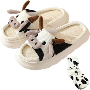 Cow Slippers for Women Men Fuzzy Cute Cartoon House Shoes Warm Cozy Animal Fluffy Kawaii Indoor Outdoor Fun Slides
