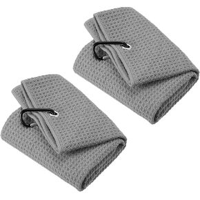 PATIKIL 12"x12" Tri-Fold Golf Towels, 2 Pack Waffle Pattern Towels Soft Fiber Strong Water Absorption with D Clip for Golf Lovers, Orange