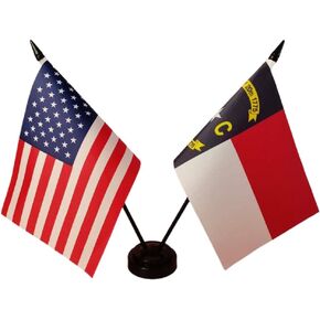 America & North Carolina Twin Desk Flag, US North Carolina Table Flags, 8 x 5 Inches American & North Carolina Deluxe Desk Flag Set - North Carolina Stick Flag with Flag Stand