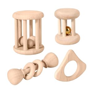 WODI 4 Piece Wooden Baby Rattle Toy Montessori Teething Ring Log Geometric Grab Toy Set Natural Wood Rattle Set for Infants and Toddlers