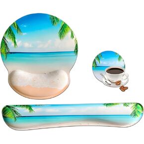 BKS Beach Mouse Pad and Keyboard Wrist Rest Support Set - Gel Mouse Pad with Coaster - Pain Relief for Gaming, Computer, Office - Non-Slip PU Base Ergonomic Wrist Support - Comfortable Beach Mouse Pad