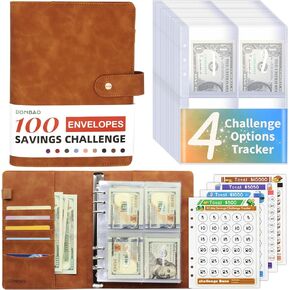 100 Envelopes Money Saving Challenge Binder, A5 Budget Binder with Envelopes and Challenge Tracker, 2024 New Savings Challenges Planner Book to Save $500, $1000, $5050, $10000 (Brown)