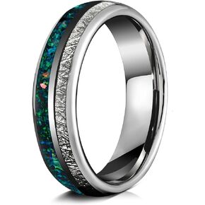 Tungsten Wedding Band - 6mm 8mm Silver Tungsten Galaxy Meteorite Rings For Men | Green Opal Inlay Men Wedding Bands | Unisex Silver Tungsten Ring | Meteorite Silver Rings For Men