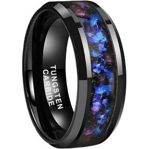8mm Silver/Black Tungsten Rings for Men Women Orion Nebula Opal Galaxy and Gold Foils Inlay Engagement Wedding Promise Band Beveled Edges Polished Shiny Comfort Fit