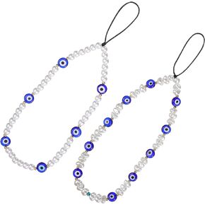 PartyKindom Pearl Phone Charm (2 PCS) - Evil Eye Design, Aesthetic Beaded Wrist Strap Keychain for Men Women Girls, Versatile Mobile Phone Accessory