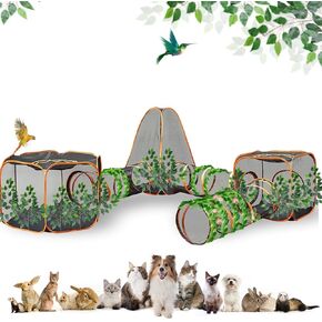 Outdoor Cat Enclosures, Cat Tent with Leaves, 6-in-1 Outdoor Cat Tunnel with Cat Tents for Outside, Cat Playpen for Cats Rabbits Ferrets and Small Animals
